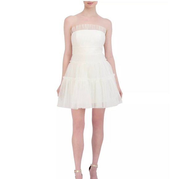 NWT BCBGMAXAZRIA Strapless Tiered Tulle White Mini Dress US 6 - Picture 2 of 10